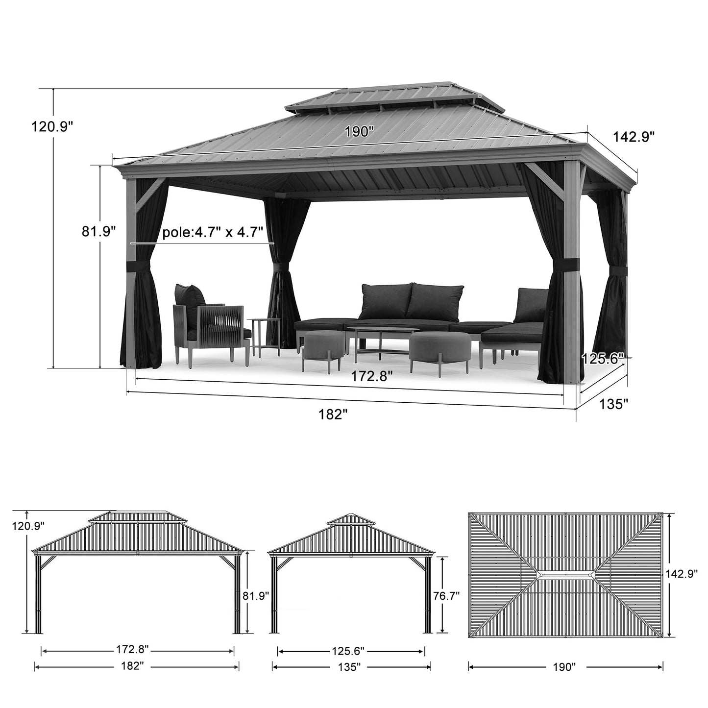 PURPLE LEAF 14' x 20' Patio Hardtop Gazebo with Light Metal Roof Heavy Duty Wind Resistance Outdoor Permanent Large Pavilion Gazebo for Patio Deck and Garden, Netting and Curtains Included, Light Grey