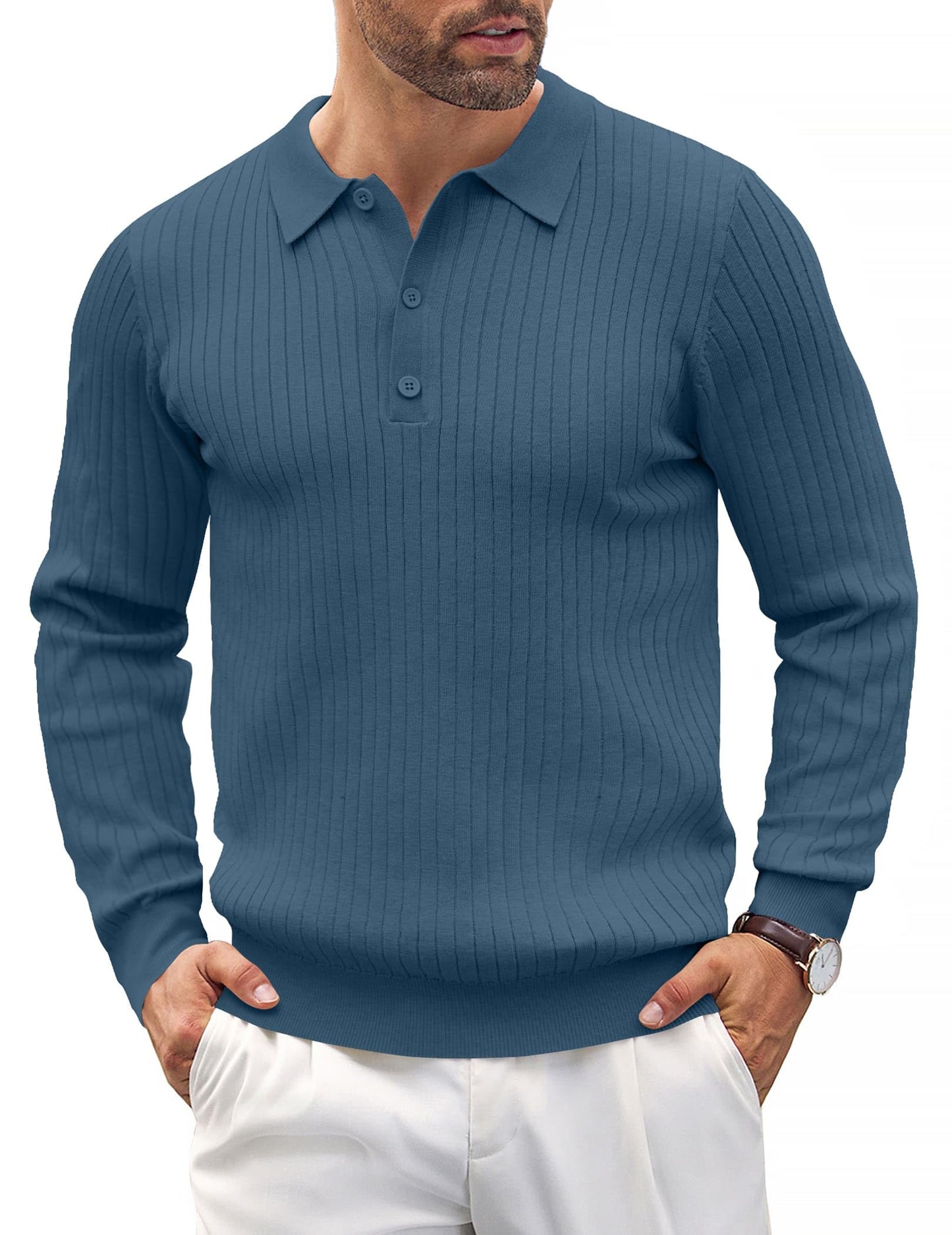 COOFANDY Mens Knit Polo Shirts Casual Long Sleeve Classic Polo Shirts Button Down Golf Shirts