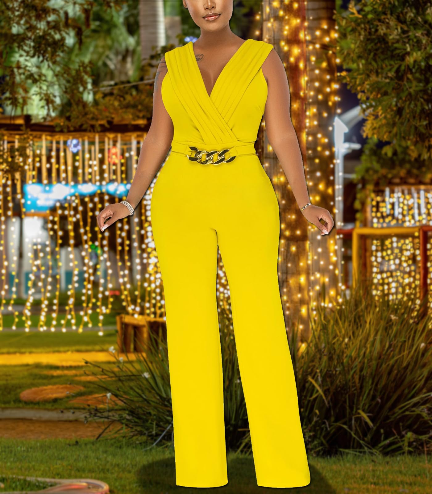 Women's Summer Formal Dressy Jumpsuits Elegant V Neck Sleeveless Party Rompers Stretchy Wrap Wide Leg Long Pants Clubwear