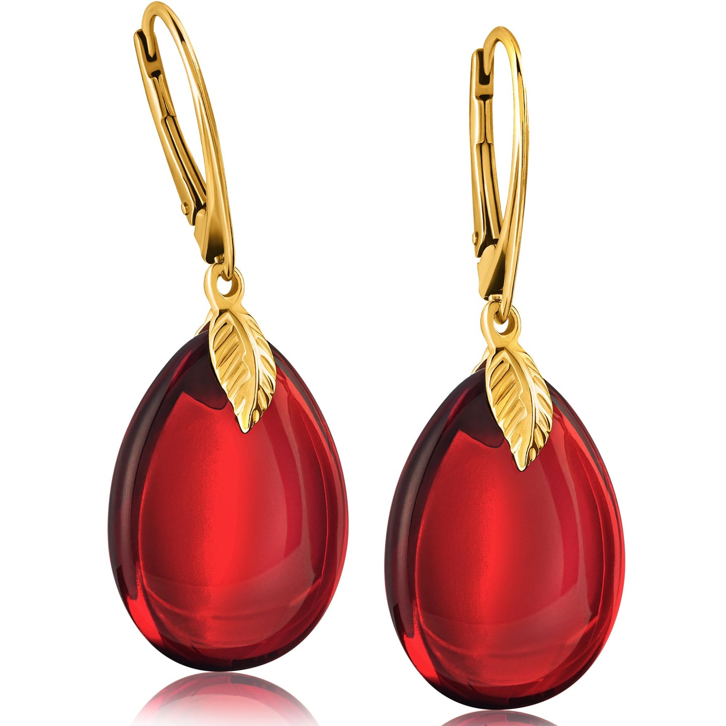 Red Earrings for Women - Gold Plated Silver Leaf Fitting and Closure, Lightweight Edgy Semi-Precious Stone Jewelry for Ladies, Garnet Red Amber Crystal Earrings