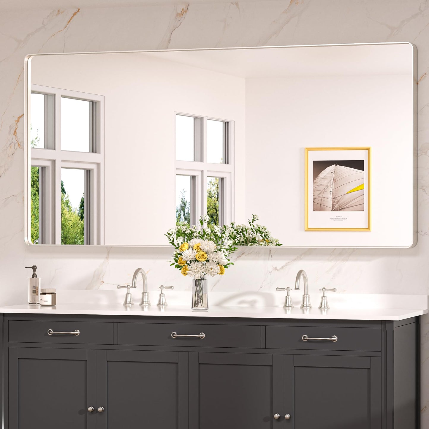 Keonjinn Black Mirror for Bathroom Sink, 24 x 30 Inch Sandblasted Finish Aluminum Wall Mirrors, Matte Black Rectangle Farmhouse Mirror with Shatterproof HD Tempered Glass, Anti-Rust Metal Frame