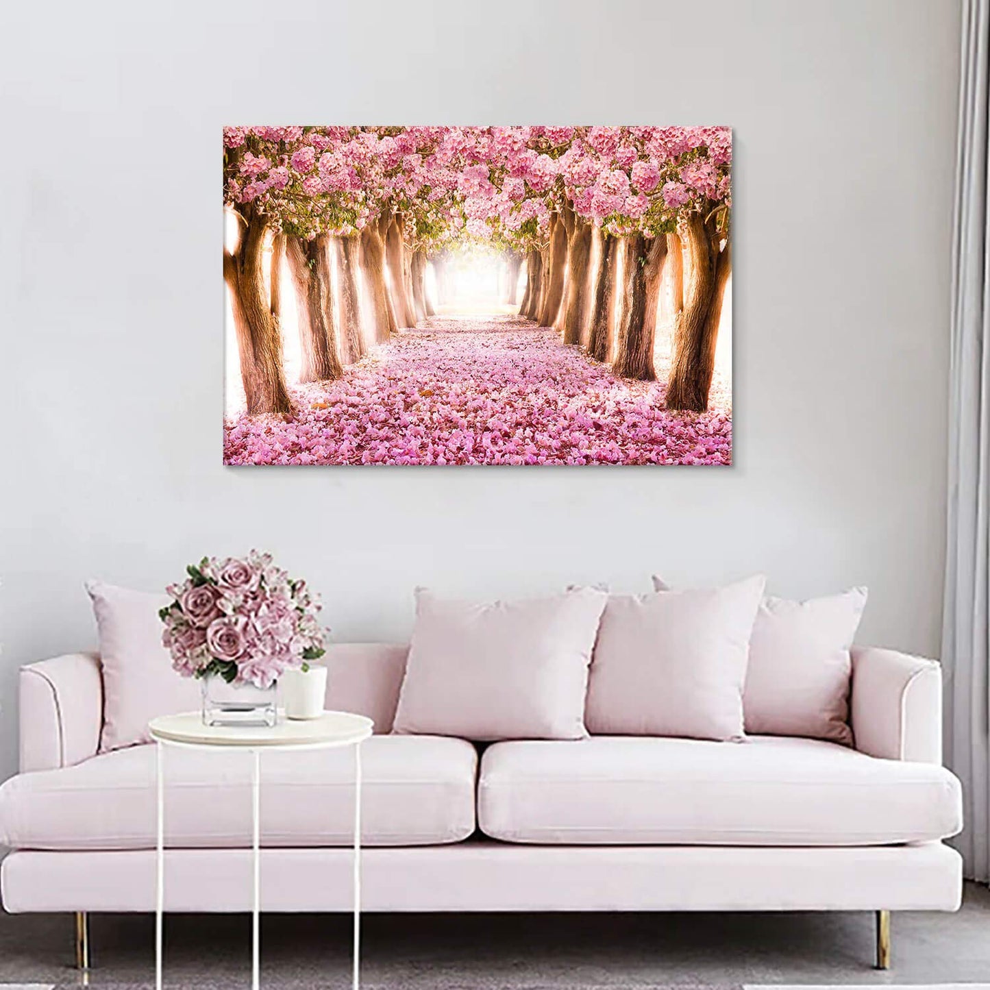 UTOP-art Tableau mural avec fleurs roses : paysage forestier, arbre, chemin, peinture sur toile enveloppée pour salon (36'' x 24'' x 1 panneau) 