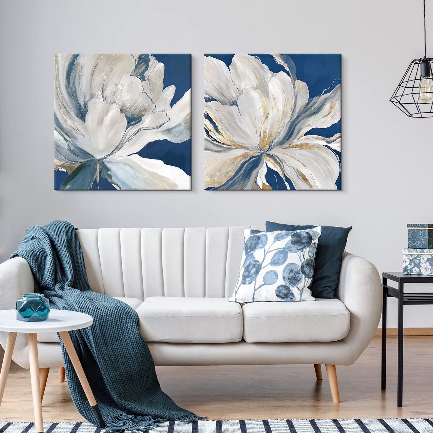 Goldfoilart Décoration murale florale moderne en fleurs blanches avec peintures en feuille d'or, œuvres d'art encadrées pour salon, chambre à coucher, cuisine, 61 x 61 cm x 2 pièces 