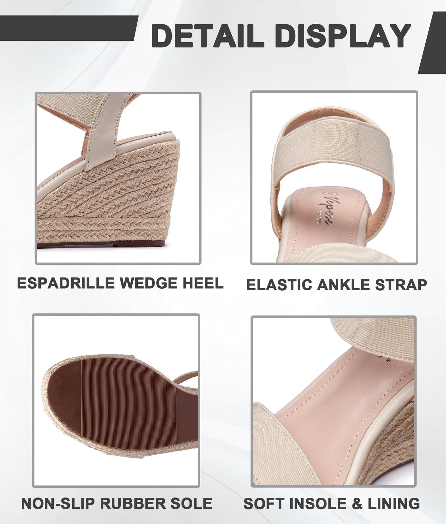 Vepose Women's 881 Wedge Sandals Elastic Ankle Strap Espadrilles Platform Open Toe High Heel Stretch Textile Bridal Shoes