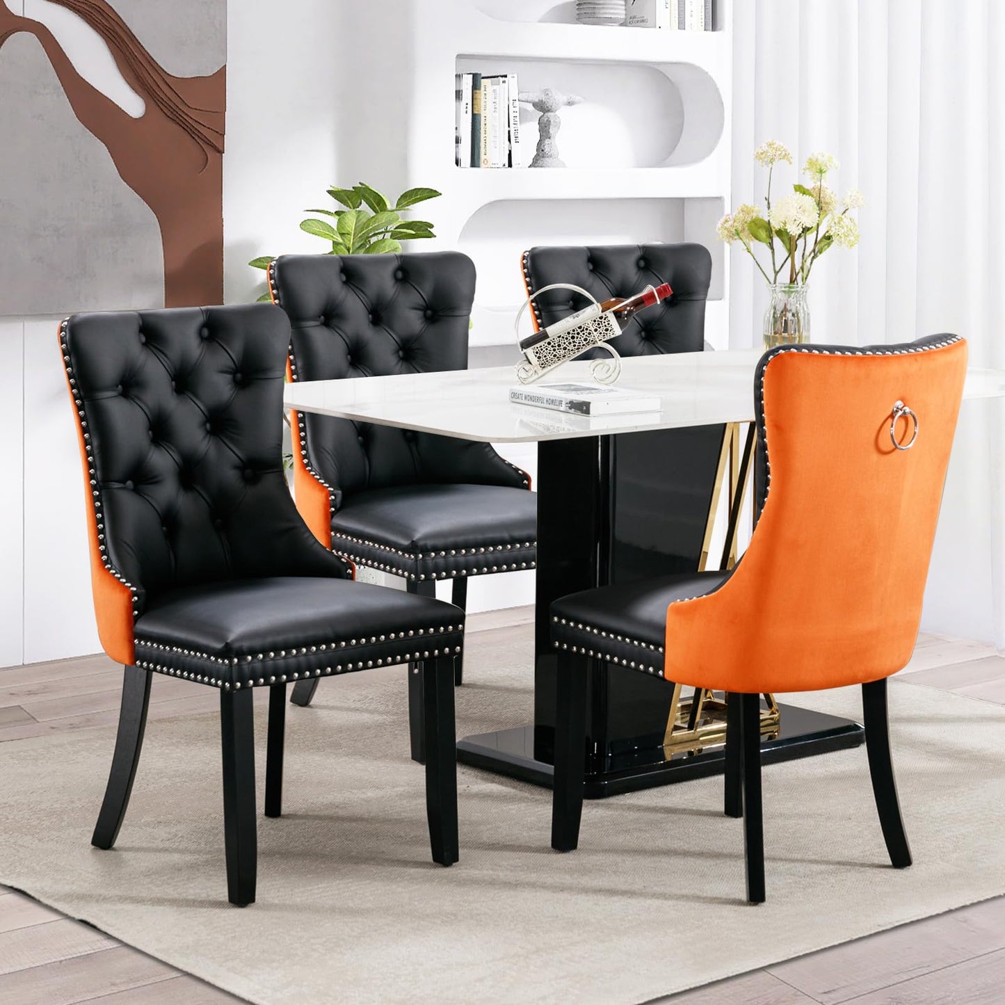 SoarFlash Leather Dining Chairs Set of 8, Tall Back Side Chair, Modern Upholstered Side Chair with Button Back Ring, Solid Wood Legs (Black&Grey)