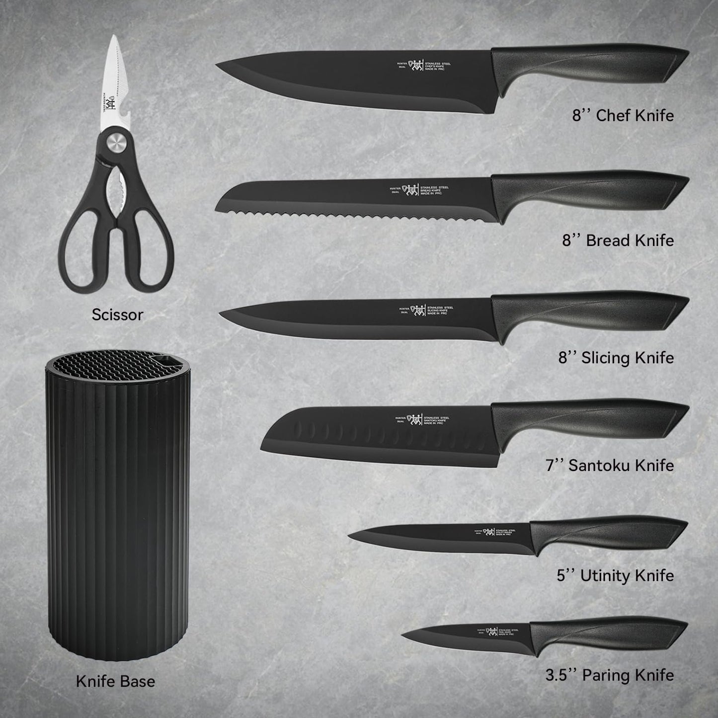 Knife Set, HUNTER.DUAL 8-Piece Kitchen Knife Set for Chef, Sharp Knife Set with Universal Knife Block, Anti-Rust Kitchen Knife Block Set, Ergonomical Design (Black)