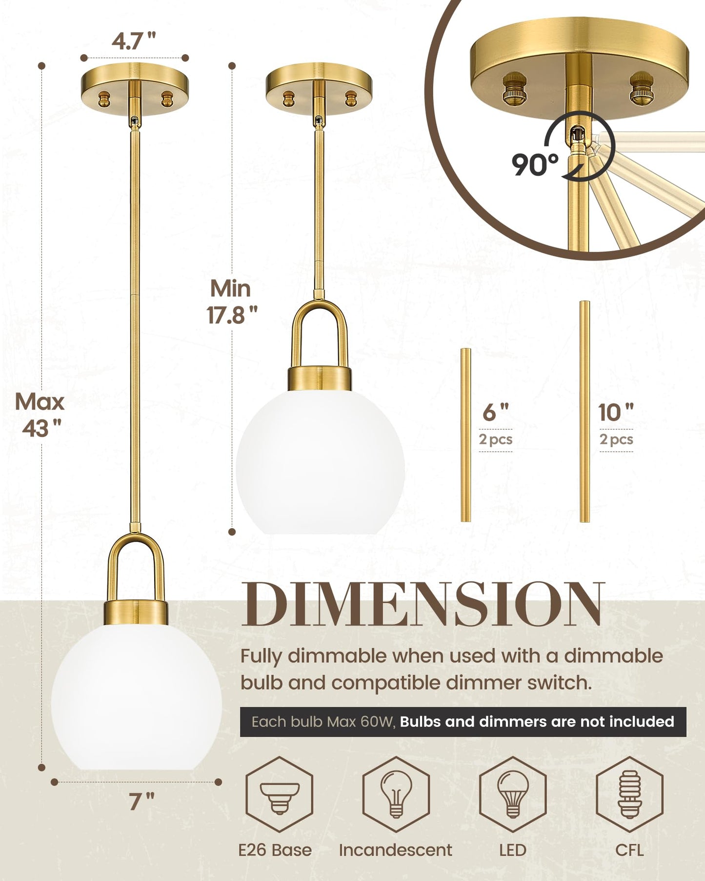 Suspension TENGXIN 7 pouces pour îlot de cuisine – Finition or brossé avec abat-jour en verre laiteux, style ferme élégant, parfait pour la salle à manger ou la chambre, TXPLBG15-MG 