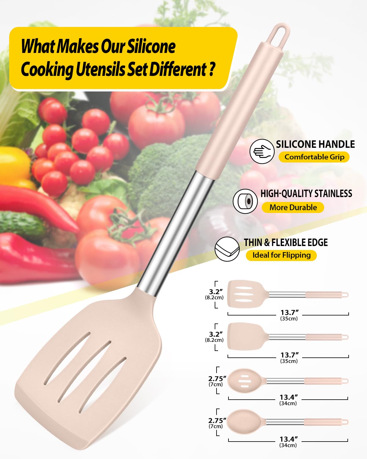 Pack of 4 Silicone Cooking Utensils Set, Non Stick Large Solid Spatulas, Heat Resistant Rose Gold Khaki Slotted Spoons, Ideal BPA Free Kitchen Turners for Frying, Mixing,Serving,Draining,Turning