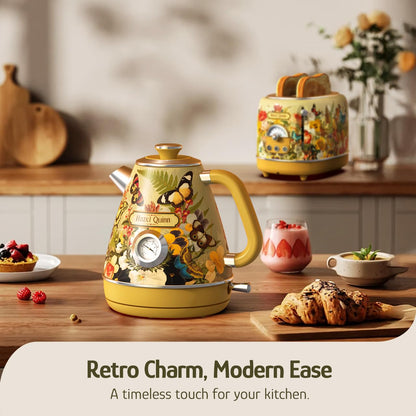 Hazel Quinn Retro Electric Kettle - 1.7 Liters / 57.5 Ounces Tea Kettle with Thermometer, All Stainless Steel, 1200 Watts Fast Boiling, BPA-free, Cordless, Automatic Shut Off.