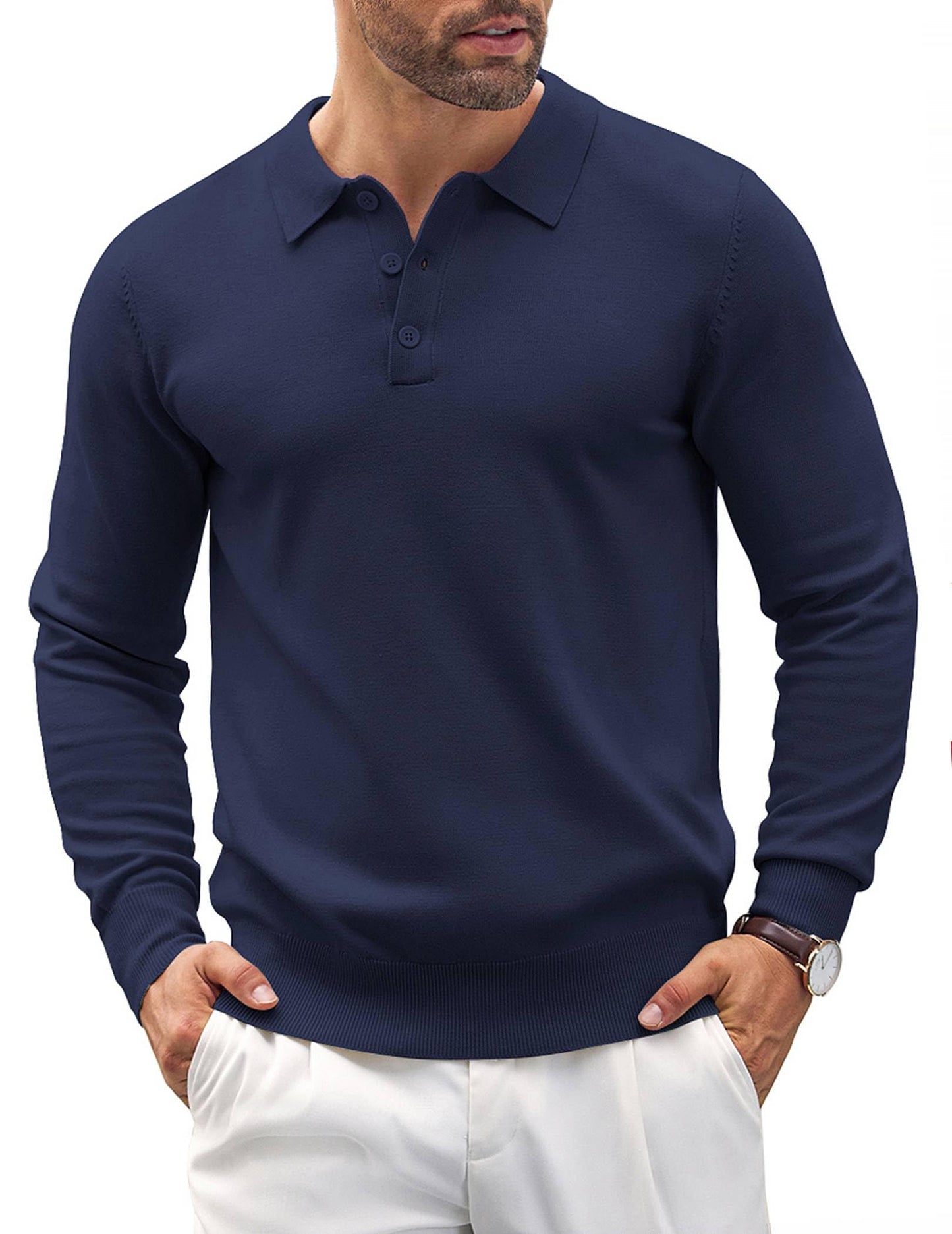 COOFANDY Mens Knit Polo Shirts Casual Long Sleeve Classic Polo Shirts Button Down Golf Shirts