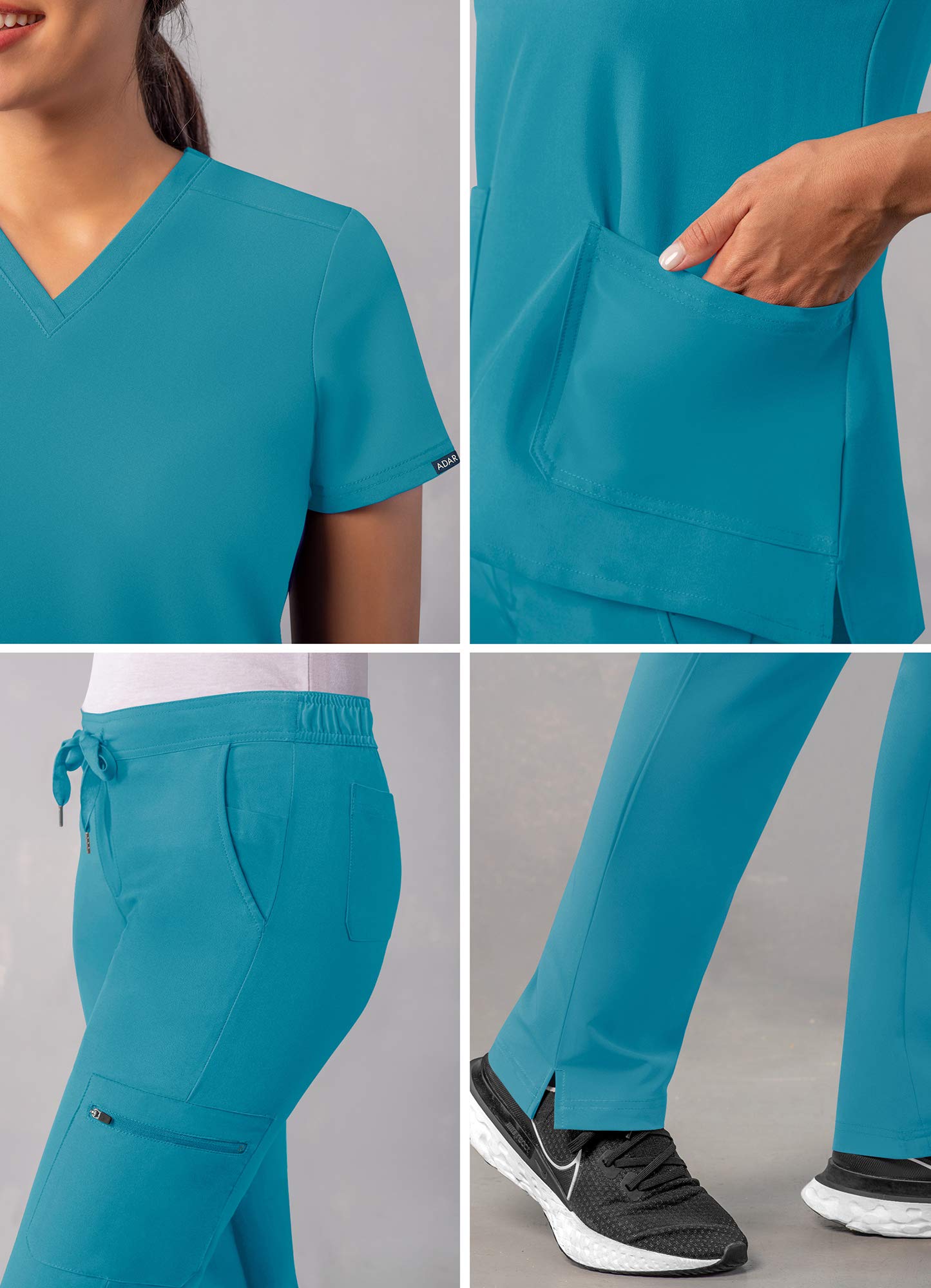 Adar Addition Go-Basic Scrub Set for Women - Slim V-Neck Scrub Top & Skinny Cargo Scrub Pants