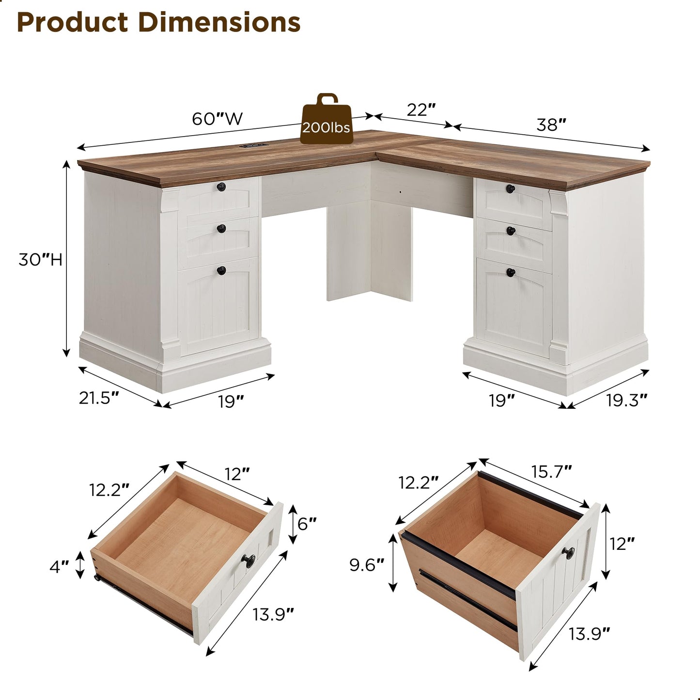 OKD 60" Executive Desk with Drawers, Farmhouse Home Office Desk with Charging Station, Keyboard Tray, File Cabinet Storage, Wood Computer Desk for Work and Study, Antique White