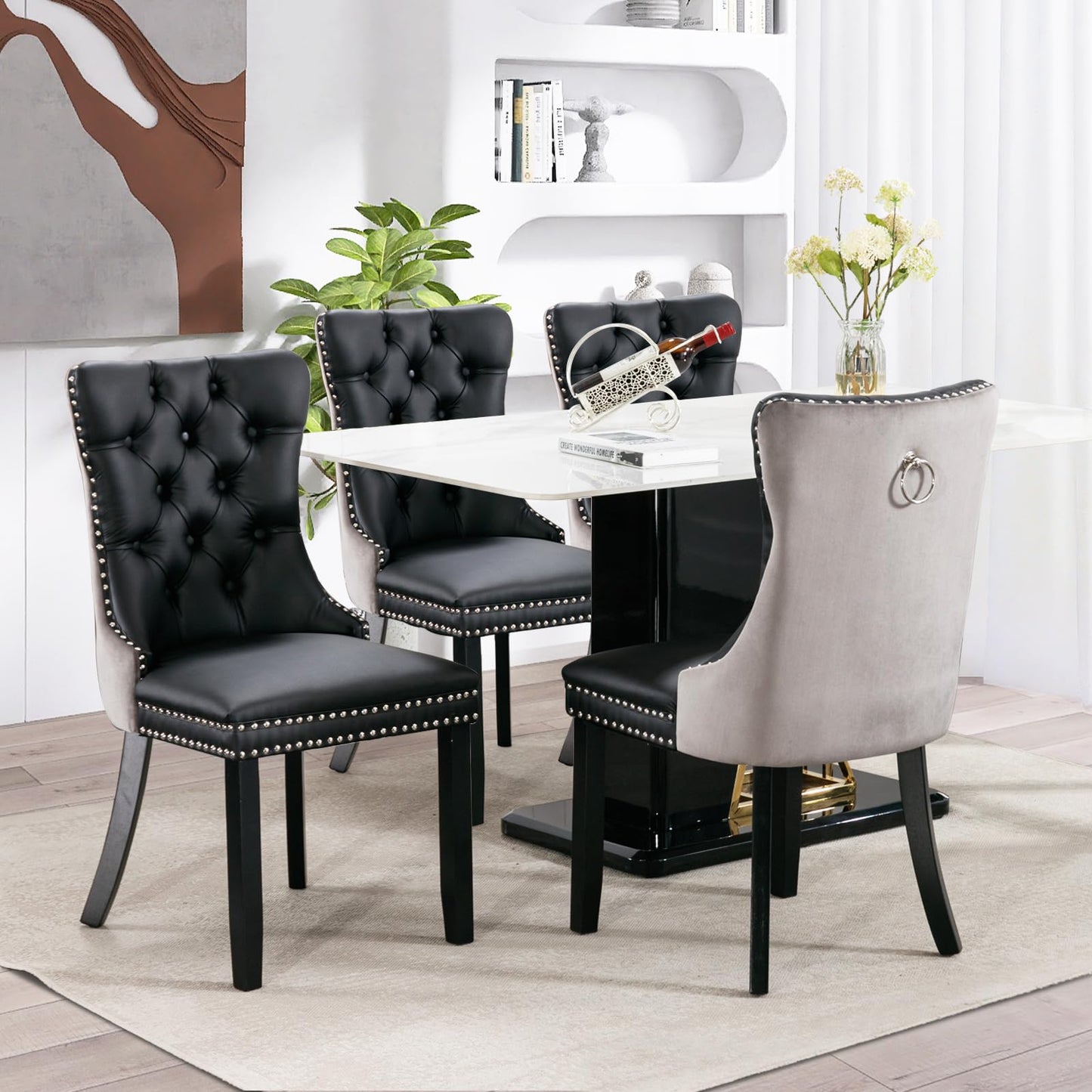 SoarFlash Leather Dining Chairs Set of 8, Tall Back Side Chair, Modern Upholstered Side Chair with Button Back Ring, Solid Wood Legs (Black&Grey)