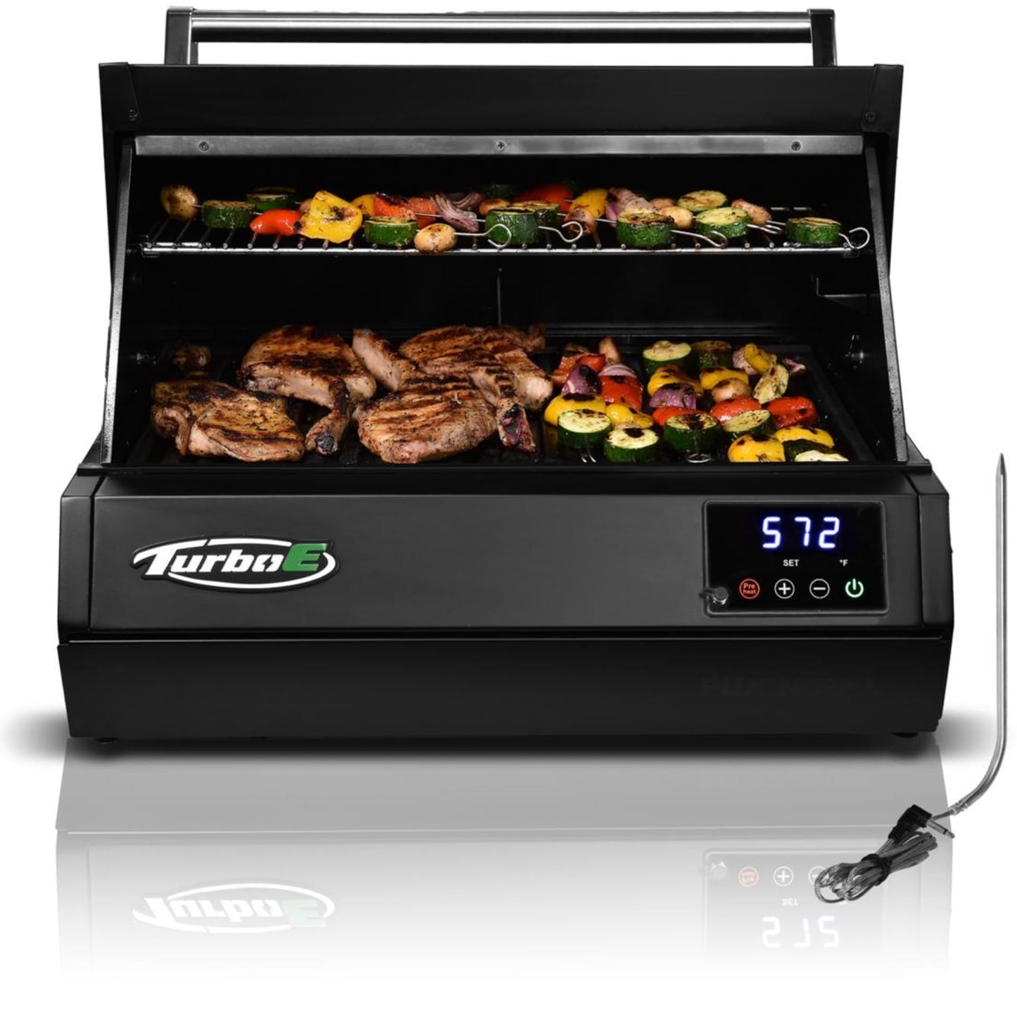 Turbo E Elektrogrill für den Außenbereich von PLUGNGRILL – Leistungsstarke 1700-W-Infrarot-Grilltechnologie – 24-Zoll-Smart-BBQ-Grill mit Sonde und Digitalanzeige für präzises Kochen und Anbraten 