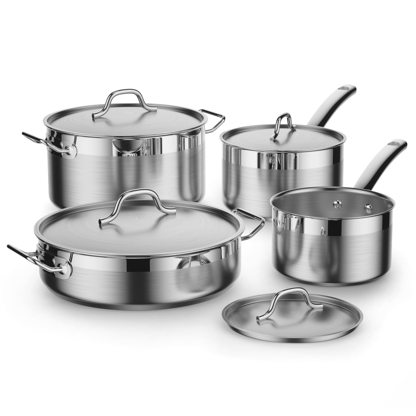 Batterie de cuisine standard Cooks en acier inoxydable, casseroles et poêles professionnelles comprenant une casserole, une sauteuse, une marmite avec couvercles, 8 pièces, argent 