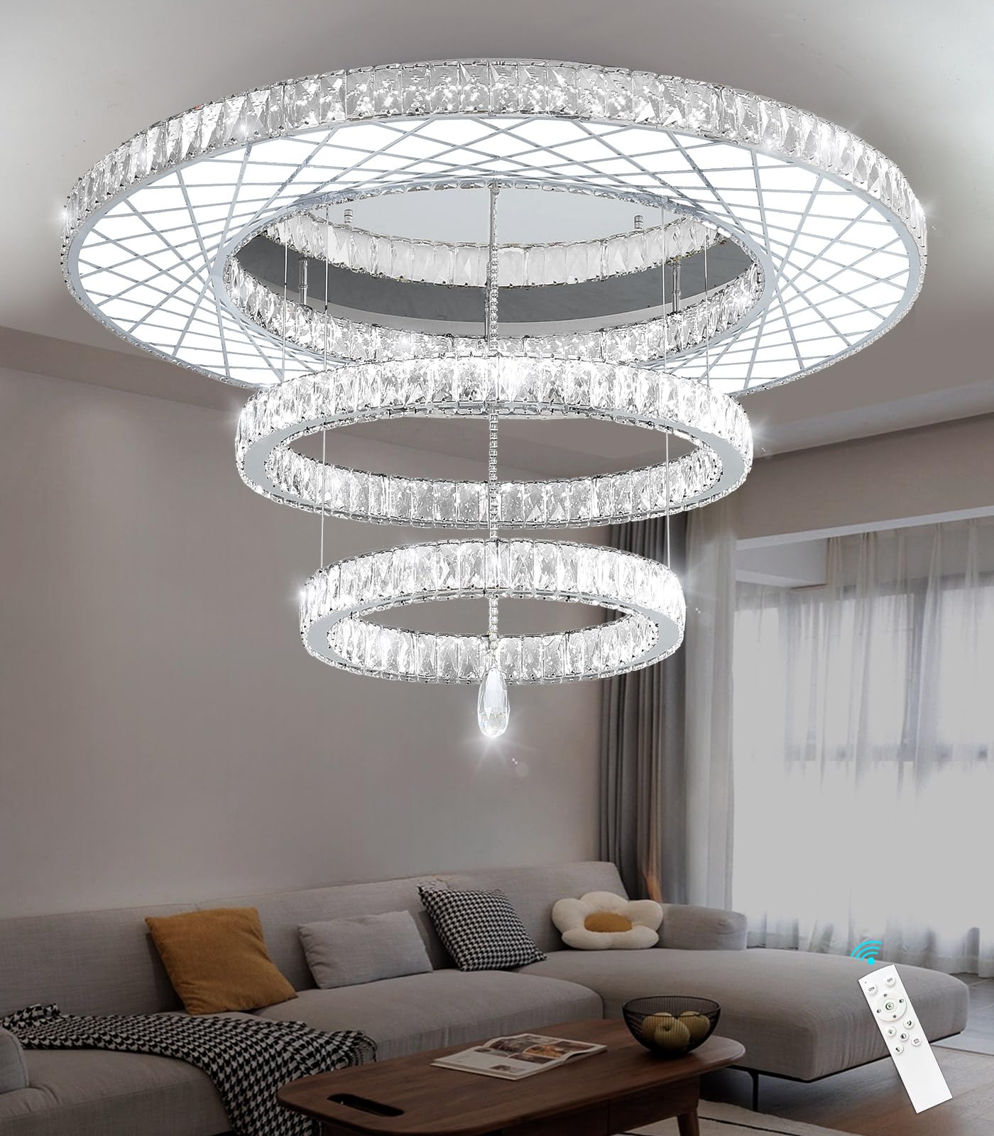 Modern Flush Ceiling Chandelier Bedroom Light Fixtures Crystal Flat Sloping Ceiling Lights for Hallway Kitchen Dining Room Dimmable Light with Remote Gold