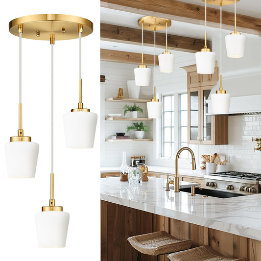 3-Light Pendant Light Fixtures, Brushed Gold Dining Room Light Fixture Over Table, Adjustable Kitchen Island Lighting with Milk White Glass, Farmhouse Hanging Light Fixture, AD-22004-3P-GD