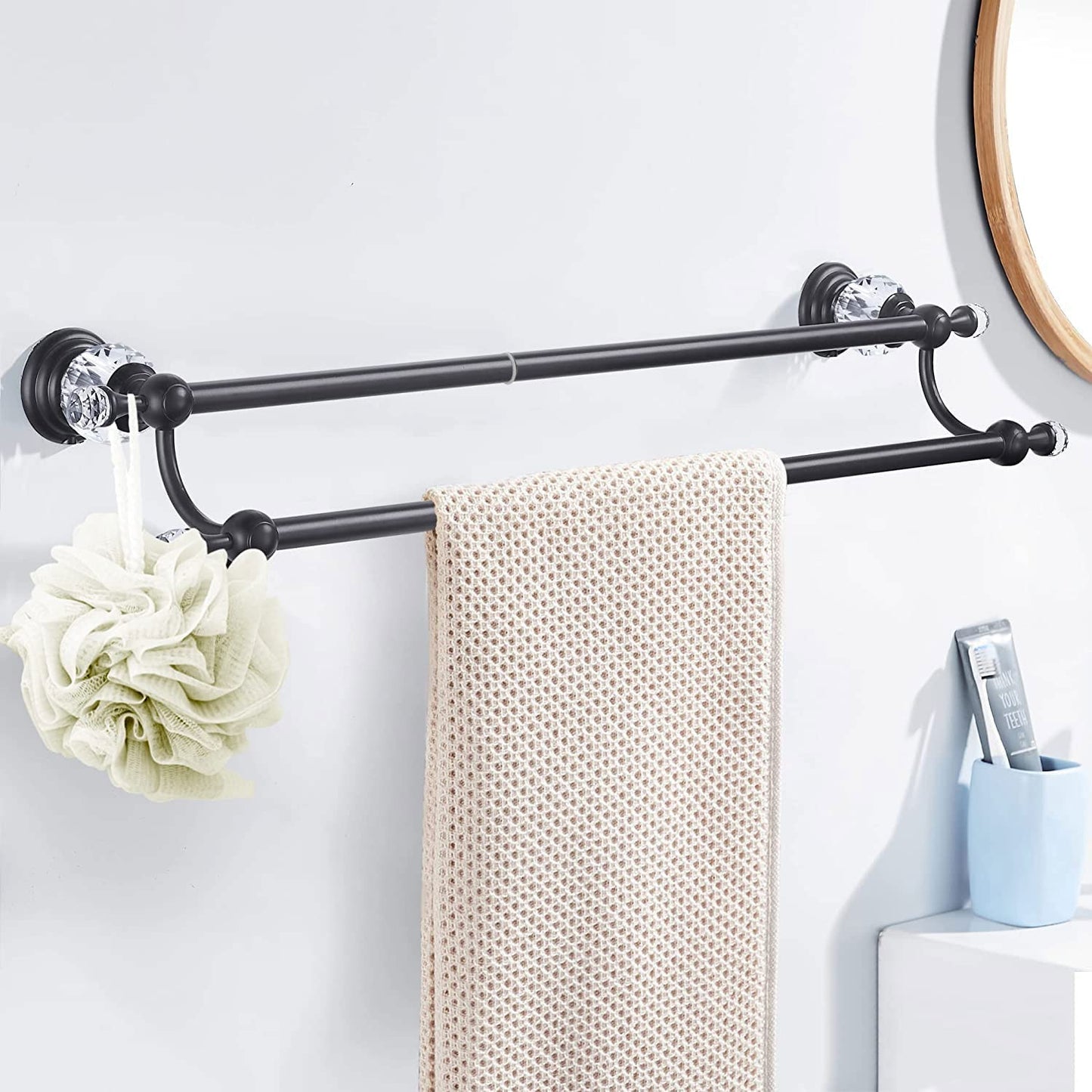 WINCASE Chrome Towel Bar, Adjustable Double Towel Holder, Silver Crystal Bathroom Towel Racks Wall Mounted