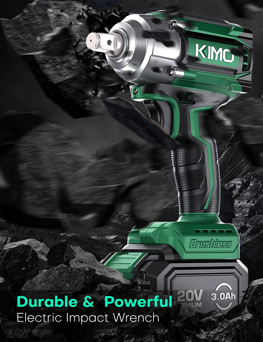 KIMO Impact Wrench 1/2 Cordless,550N.m/406ft-lbs Max Torque & 3000RPM, 2x20V 3.0Ah Battery, Impact Gun with 7 Drive Impact Sockets, 3 Inch Extension Bar, 1 Hour Fast Charger Impact Drill for Car Tires