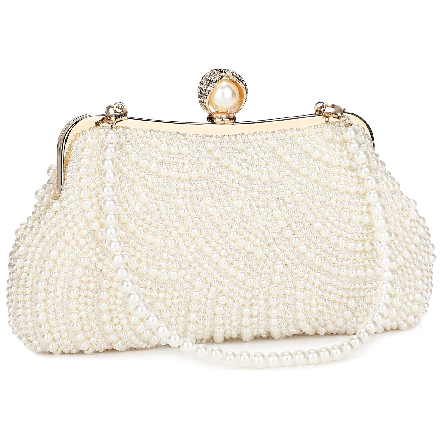 UBORSE Women Pearl Clutch Bag Noble Crystal Beaded Evening Bag Wedding Clutch with Pearl Chain