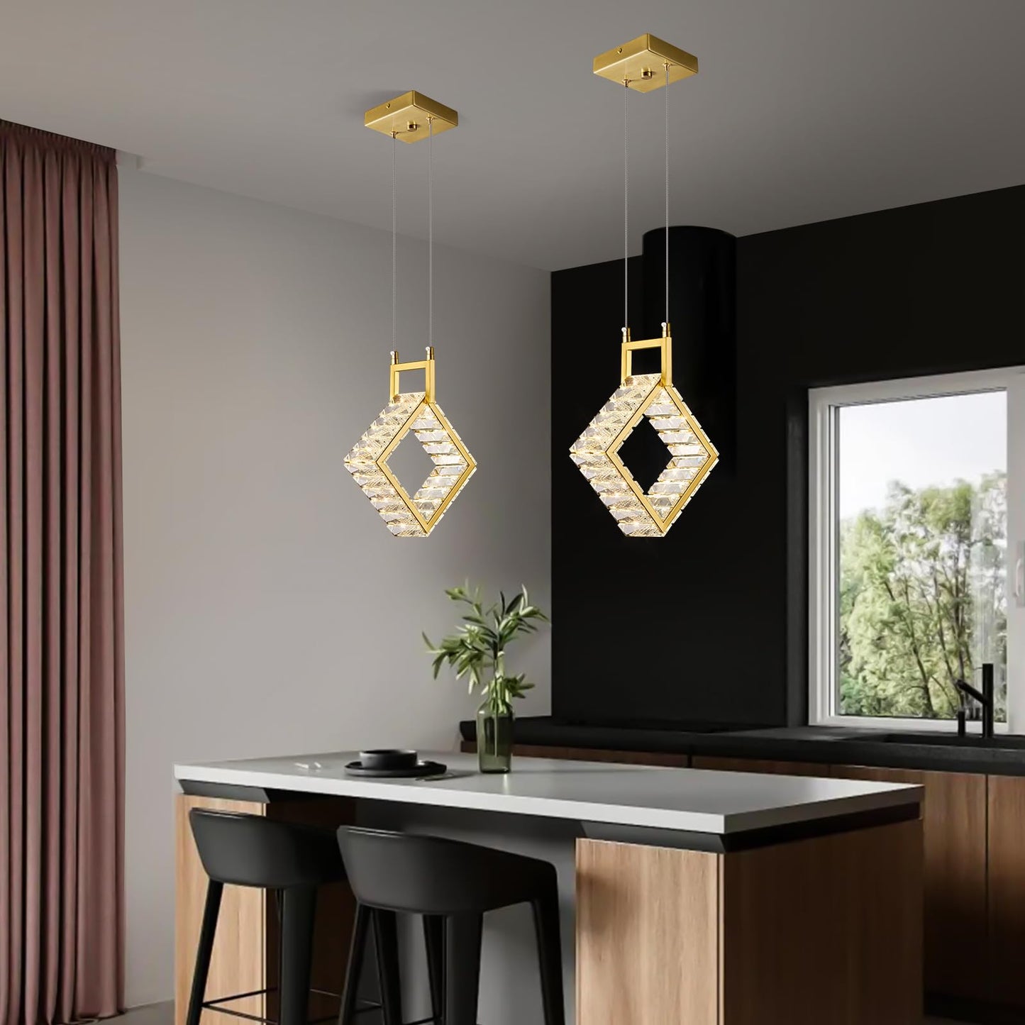 Kitchen Island Mini Light Fixture Modern Led Crystal Pendant Light Gold Rectangle Chandelier for Dining Room Living Room Kitchen Bedroom Bar（1-Pack）