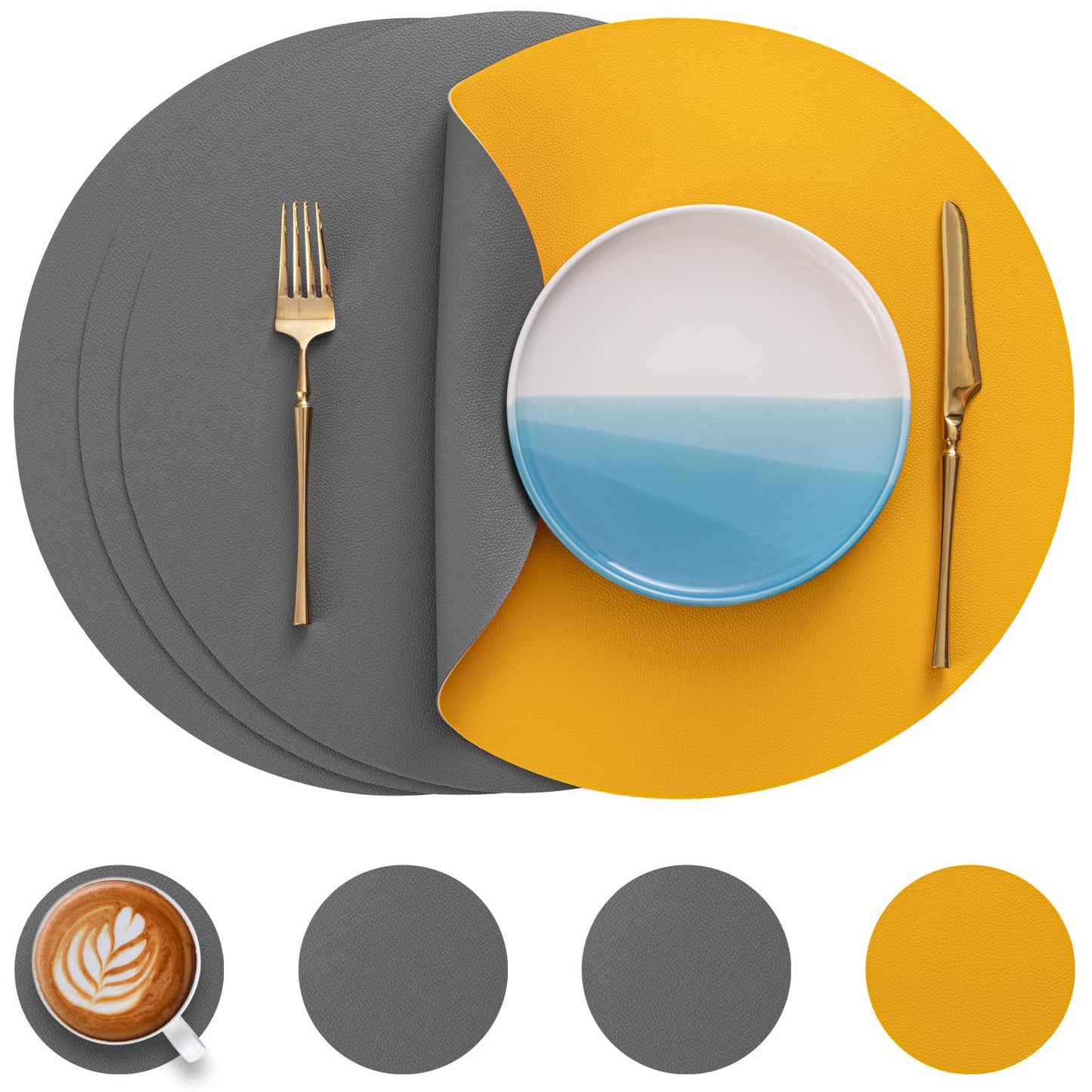 Myir JUN Round Table Placemats Set of 4 Faux Leather Place Mats and Coasters 15 inch Round Placemats Dual Sided Placemats Non-Slip Placemats Stain Resistant Placemats (Gray & Yellow, Set of 4)