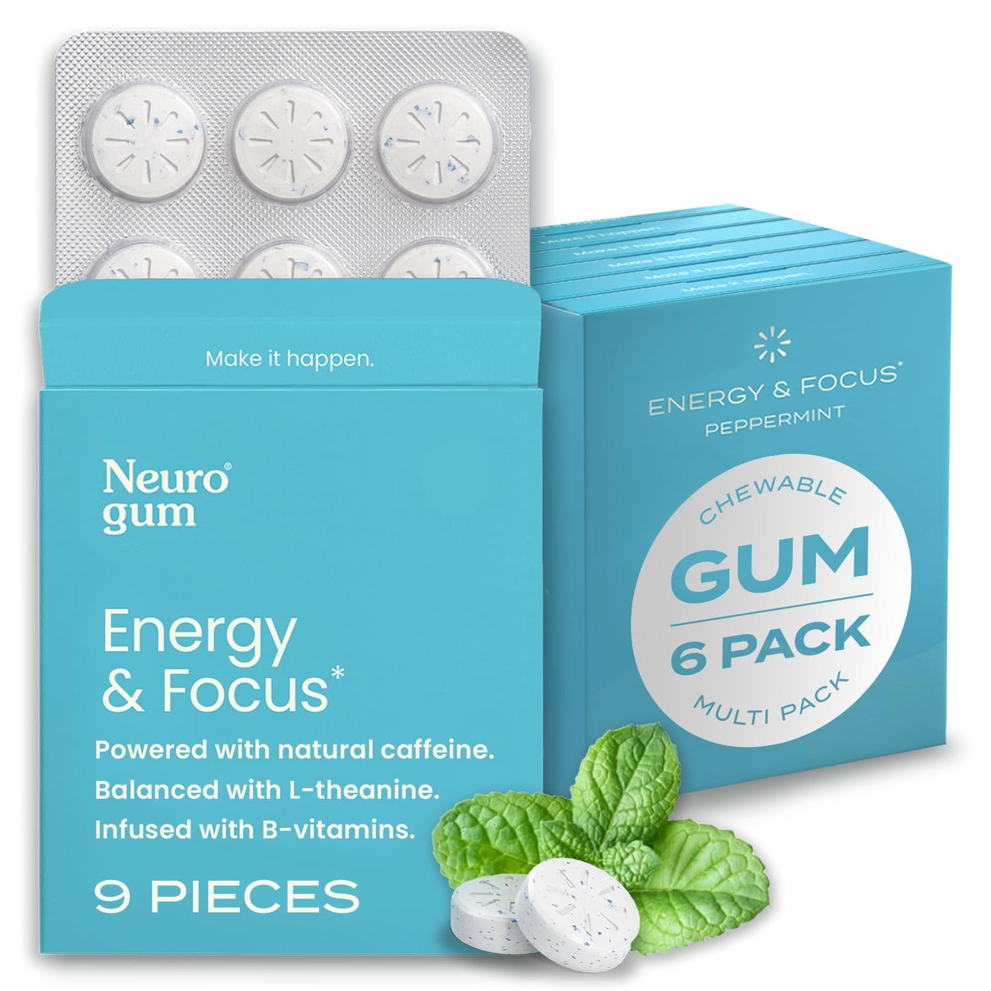 NeuroGum Energy Koffein-Kaugummi (54 Stück) – Zuckerfrei mit L-Theanin + Koffein + Vitamin B12 &amp; B6 – Nootropisches Energie- und Konzentrationspräparat für Frauen und Männer – Pfefferminzgeschmack (Verpackung kann variieren) 