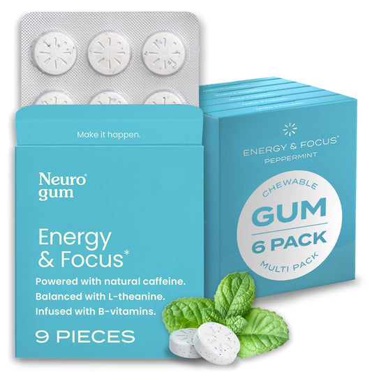 Gomme à mâcher à la caféine NeuroGum Energy (54 pièces) - Sans sucre avec L-théanine + caféine + vitamines B12 et B6 - Supplément nootropique d'énergie et de concentration pour femmes et hommes - Saveur menthe poivrée (l'emballage peut varier) 