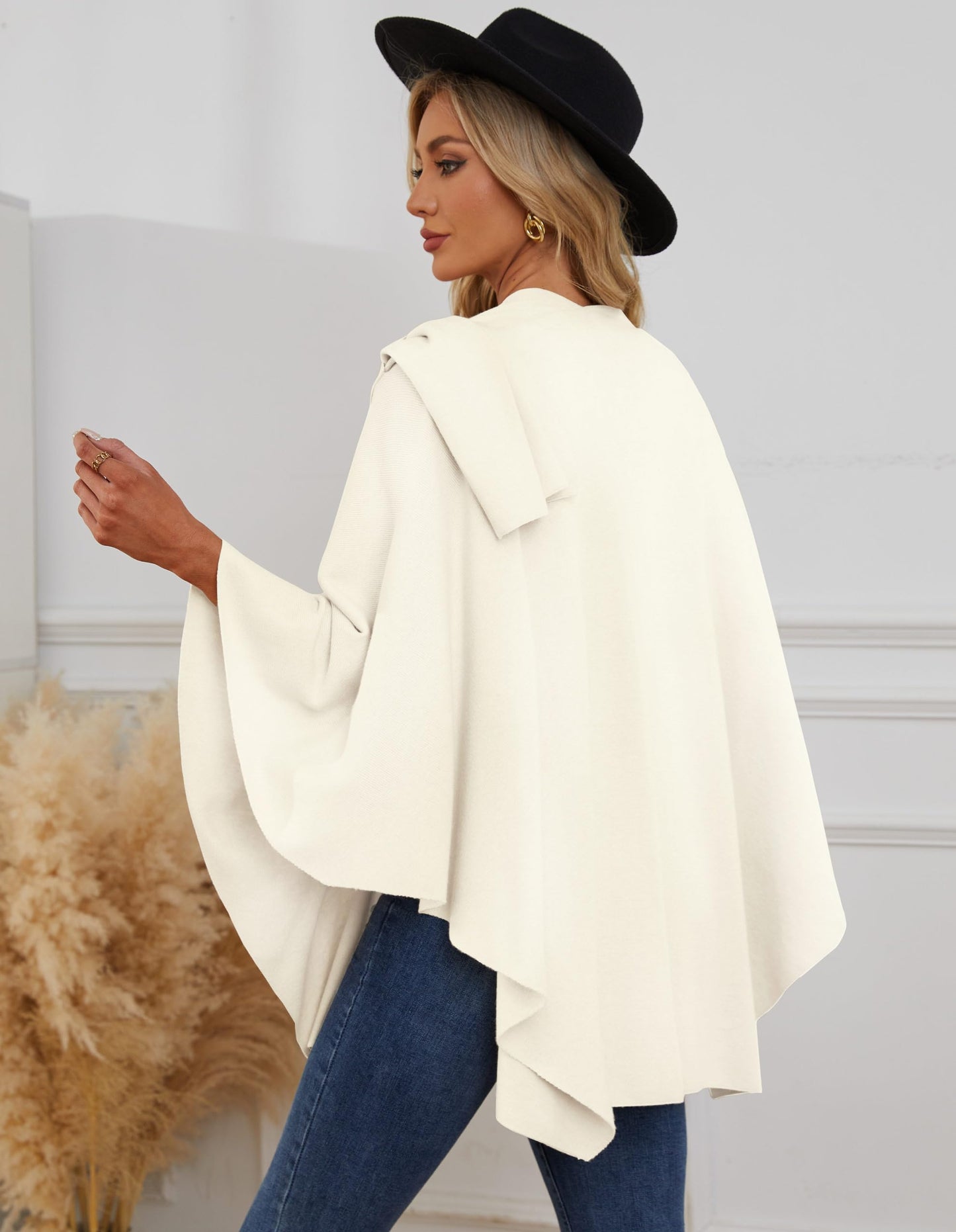 PULI Femmes Grand Poncho Croisé Sur Le Devant Pull Enveloppant Topper Tricoté Élégant Châles Cape pour l'Automne Hiver