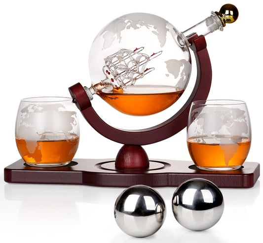 PONPUR Gifts for Men Dad Valentines Day, Whiskey Decanter Globe Set with 2 Ball Stones & 2 Glasses.