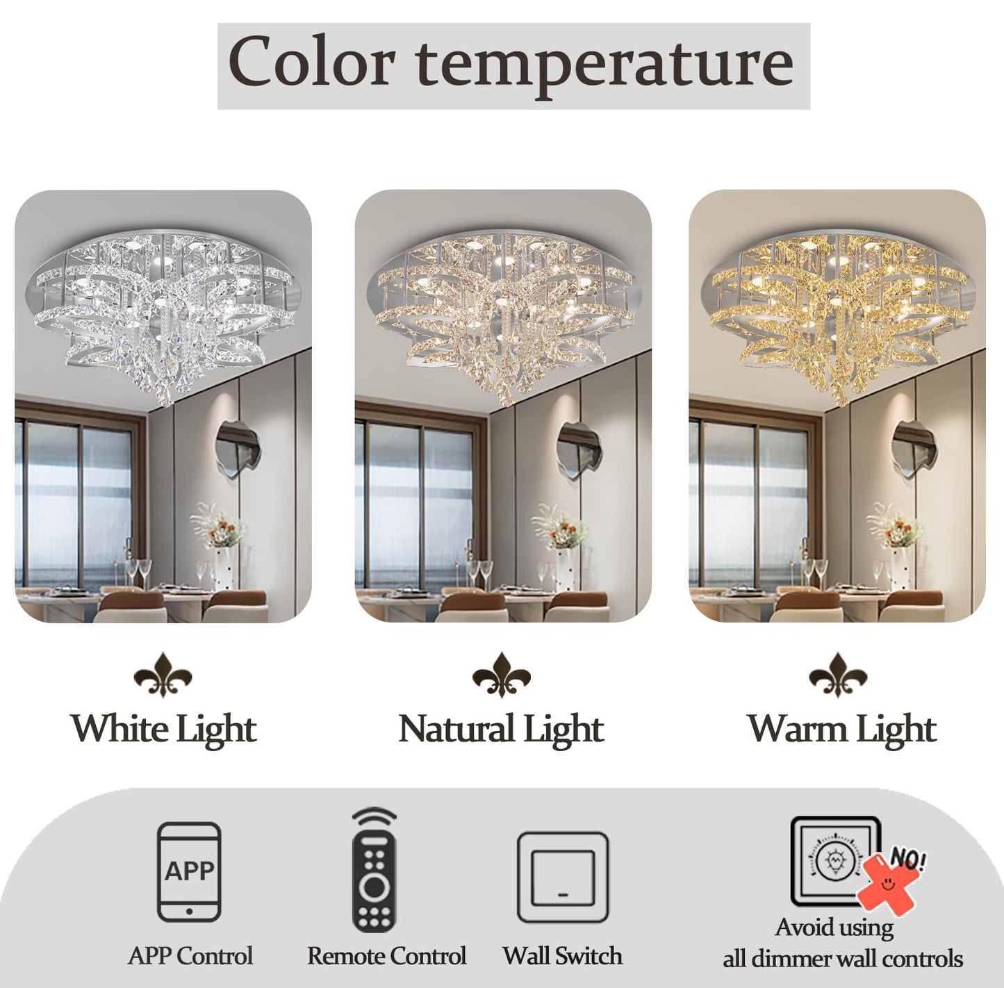 Flashing God W40 Modern Crystal Chandelier for Living Room Crystal Flush Mount LED Gold Ceiling Light Fixture for Foyer Dining Room Hallway Dimmable 2700k 4500k 6000k