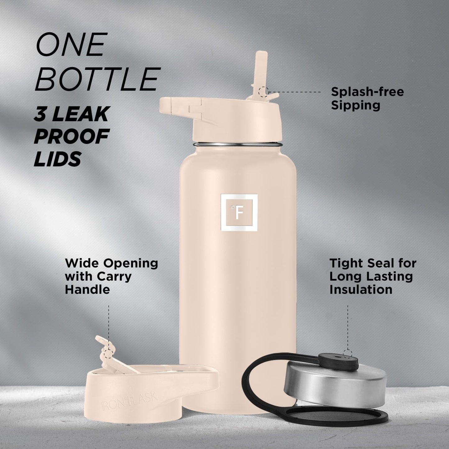 Bouteille d'hydratation de camping et de randonnée IRON °FLASK avec 3 couvercles - Bouteille d'eau en acier inoxydable, à double paroi et isolée sous vide - Anti-fuite et sans BPA (Dark Night, Straw - 32 oz) 