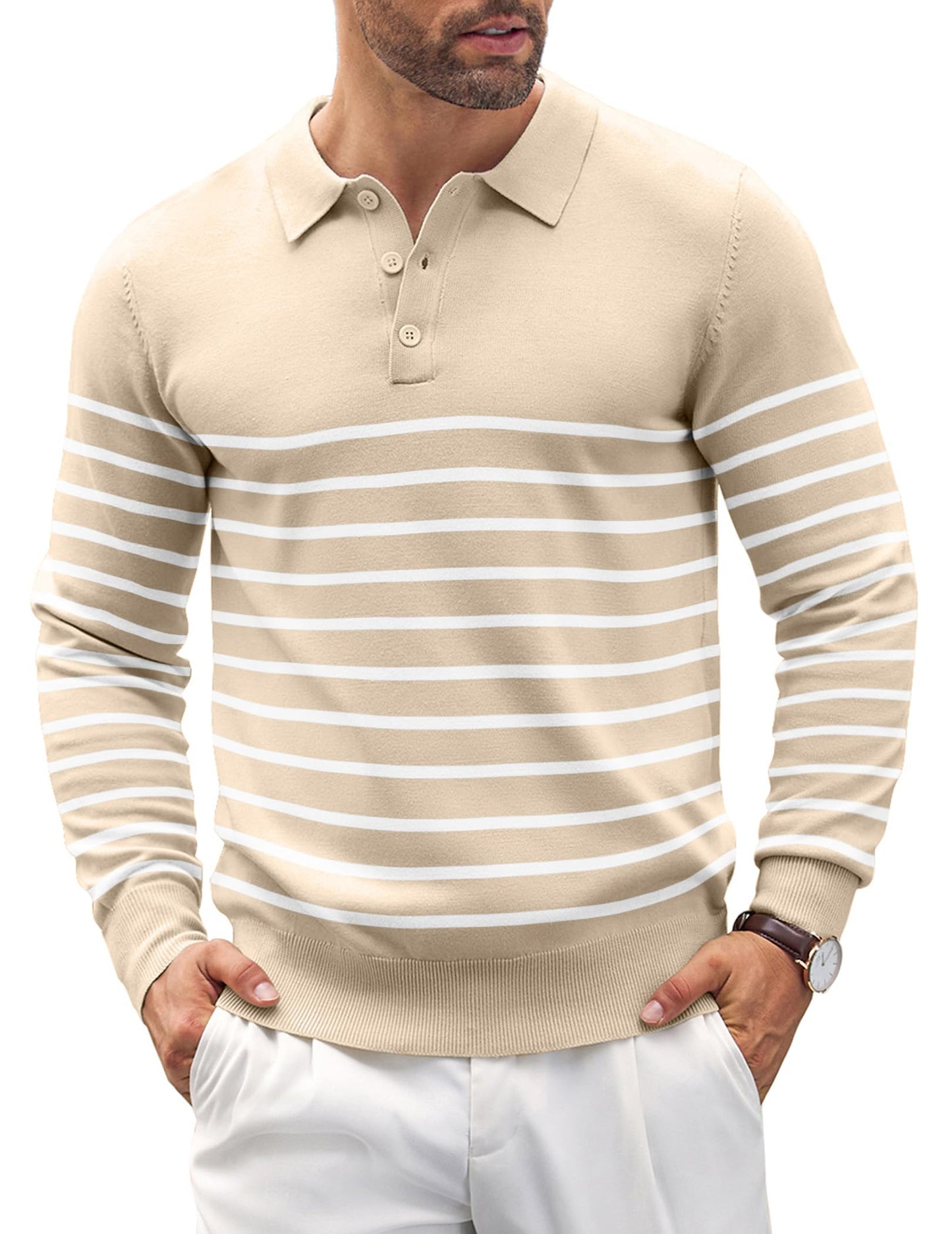 COOFANDY Mens Knit Polo Shirts Casual Long Sleeve Classic Polo Shirts Button Down Golf Shirts