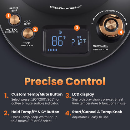 Elite Gourmet 1L Gooseneck Digital Kettle – 13 Temp Settings, Keep Warm, Cordless, Matte Black Copper