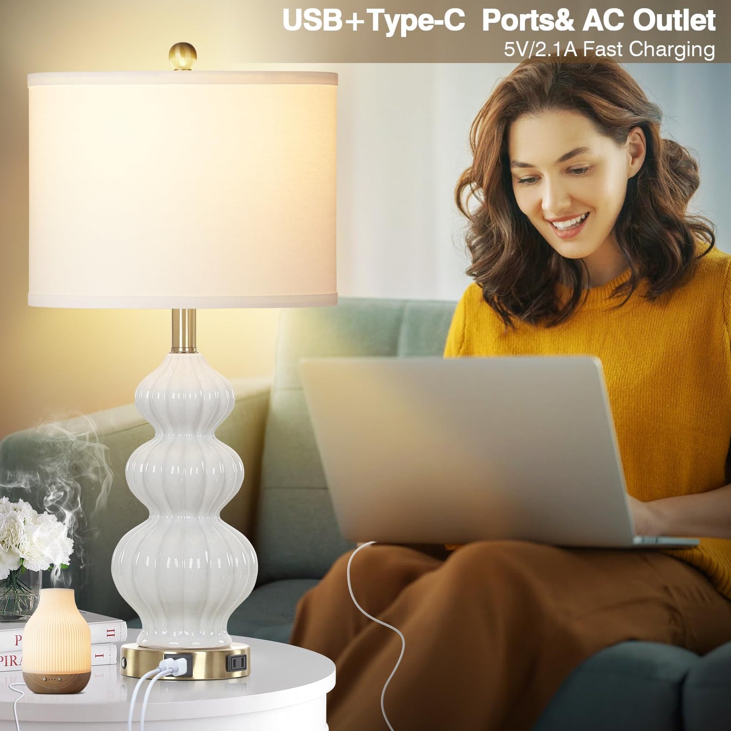 27" Glass Table Lamps Set of 2 with Nightlight, 3 Way Touch Control Modern Bedside Lamps with USB A+C Ports & AC Outlet, Boho Yellow Nightstand Lamps for Bedroom Living Room