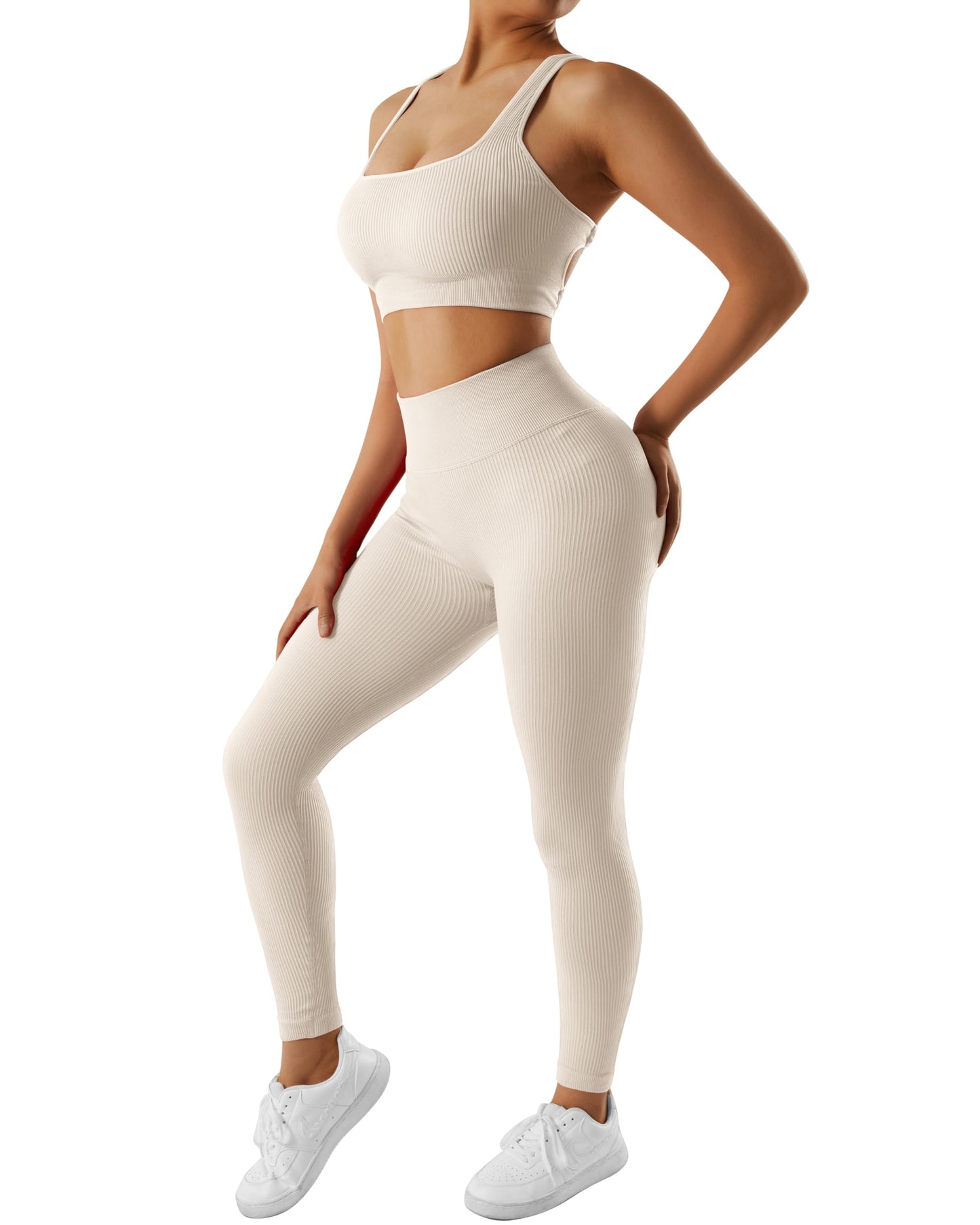 RXRXCOCO Gerippte Workout-Sets für Damen, 2-teilig, rückenfrei, Riemchen-Sport-BH, nahtlose Leggings, passendes Set, Yoga-Outfits 