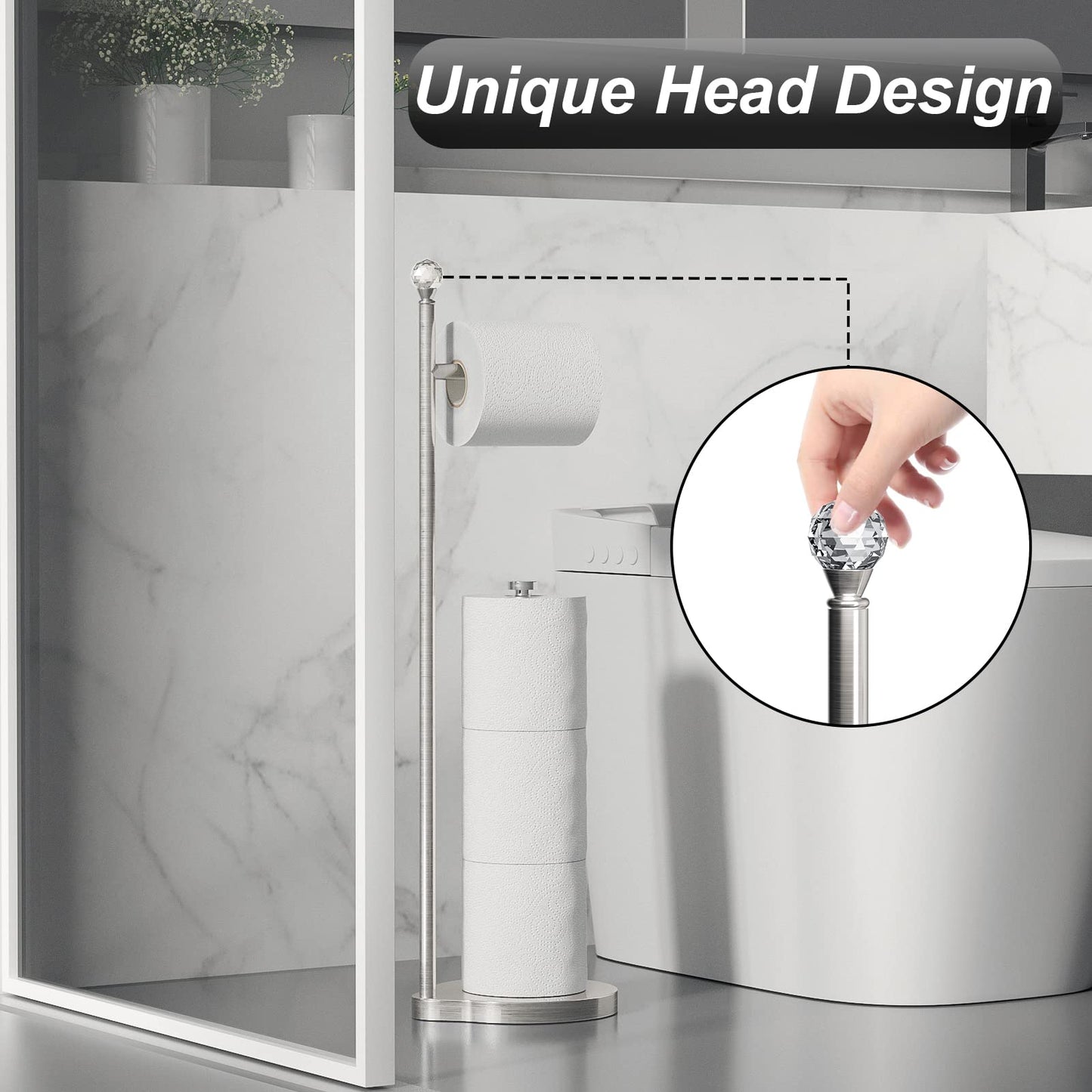 Weighted Freestanding Toilet Paper Holder – Metal Bathroom Stand with Crystal Accent