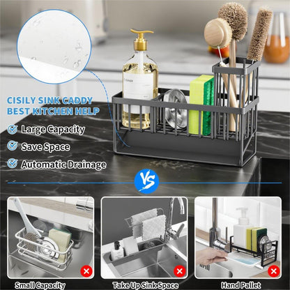 Kitchen Sink Caddy Organzier with High Brush Holder, Sponge Holder for Sink, 304 Rustproof Stainless, Kitchen Countertop Soap Dispenser Organizer, Kitchen Decor and Accessories