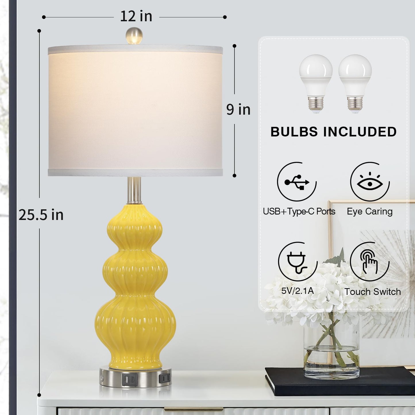 27" Glass Table Lamps Set of 2 with Nightlight, 3 Way Touch Control Modern Bedside Lamps with USB A+C Ports & AC Outlet, Boho Yellow Nightstand Lamps for Bedroom Living Room