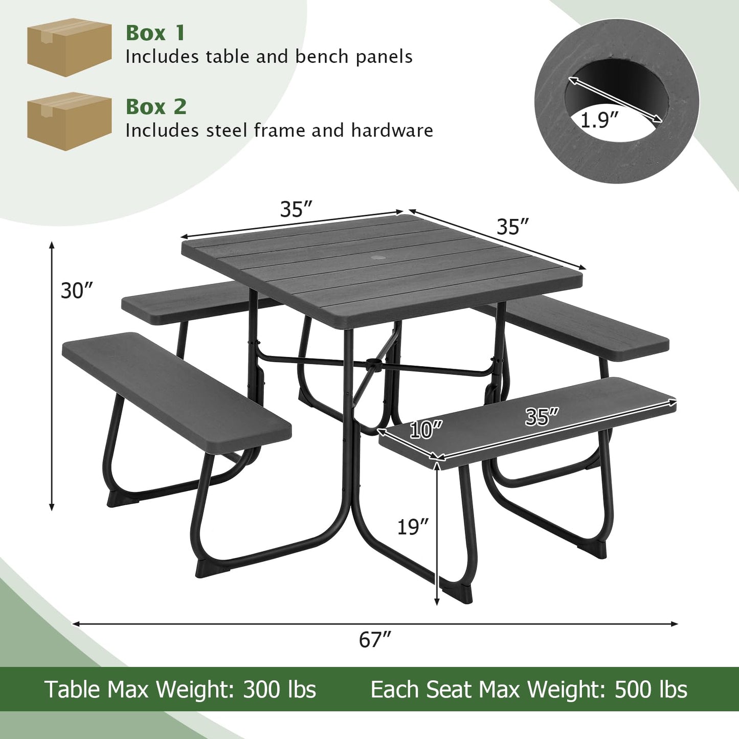 Giantex Picnic Table Set for 4-8 Persons, Outdoor Table and Bench Set with Umbrella Hole, HDPE Top & Metal Frame, 500LBS Capacity, Square Patio Table Bench Set for Deck Backyard Garden (White)