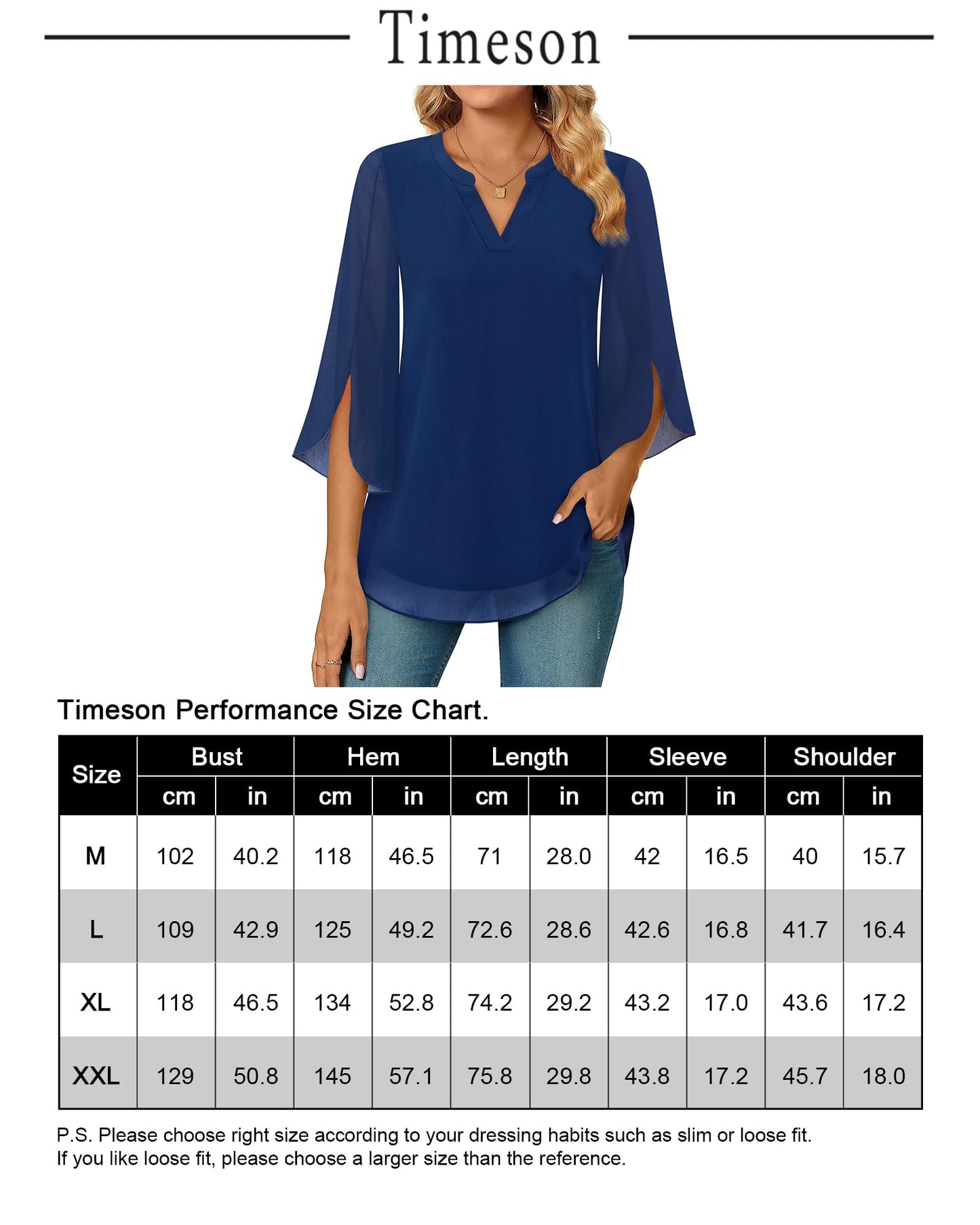 Timeson Damen Chiffonbluse mit 3/4-Ärmeln, V-Ausschnitt, elegante Tunika-Oberteile