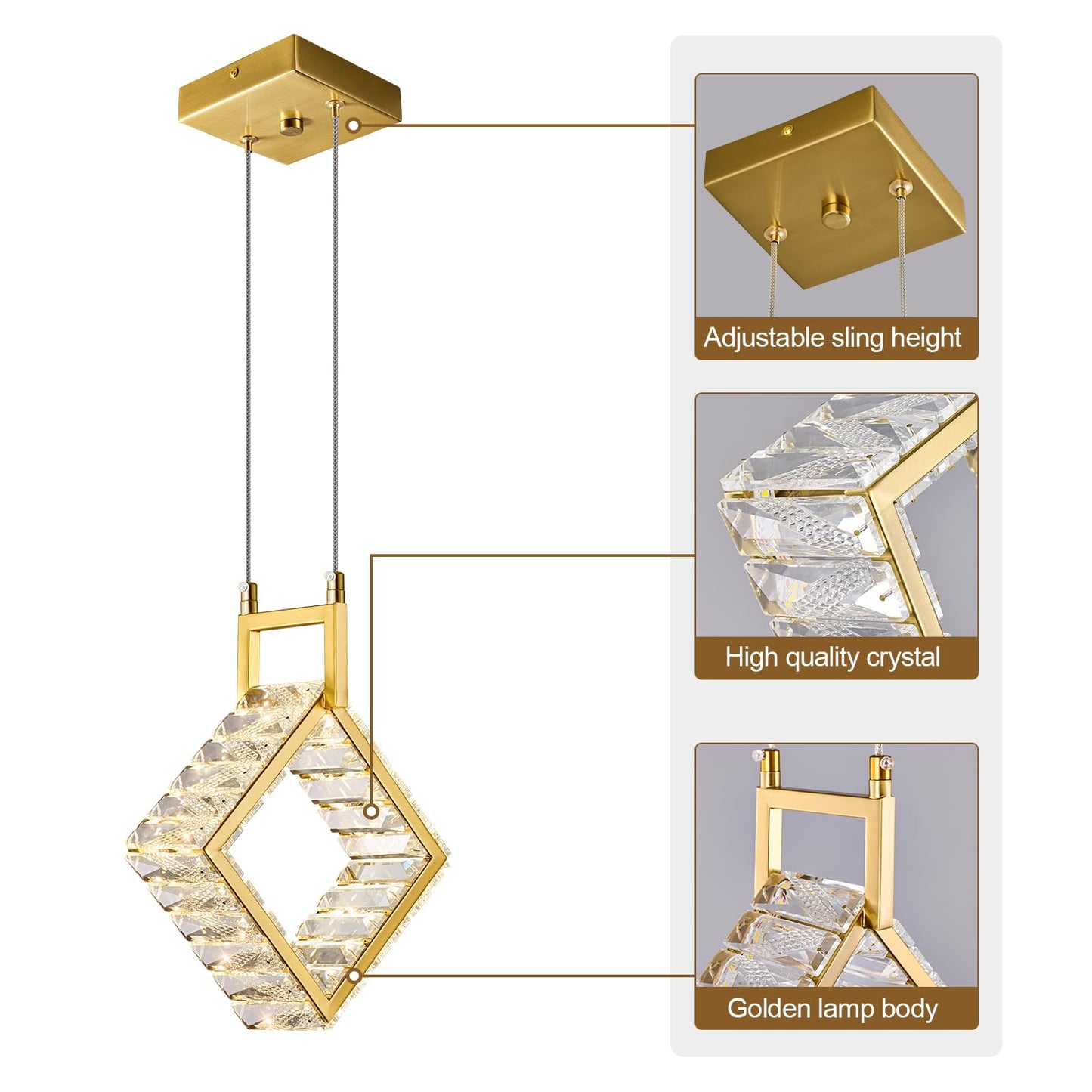 Kitchen Island Mini Light Fixture Modern Led Crystal Pendant Light Gold Rectangle Chandelier for Dining Room Living Room Kitchen Bedroom Bar（1-Pack）