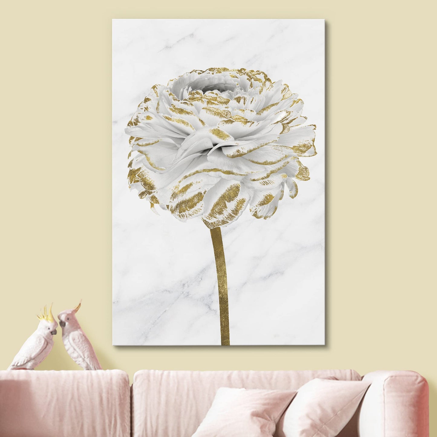 Canvas Print Wall Art White Gold Close Up Garden Carnation Flower Plant Nature Wilderness Illustrations Modern Art Farmhouse/Country Rustic Relax/Calm for Living Room, Bedroom, Office - 16"x24"