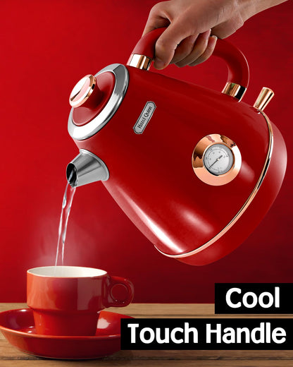 Hazel Quinn Retro Electric Kettle - 1.7 Liters / 57.5 Ounces Tea Kettle with Thermometer, All Stainless Steel, 1200 Watts Fast Boiling, BPA-free, Cordless, Automatic Shut Off.