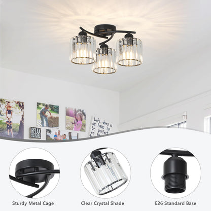 Crystal Semi Flush Ceiling Light – Modern Black Fixture, Clear Shade