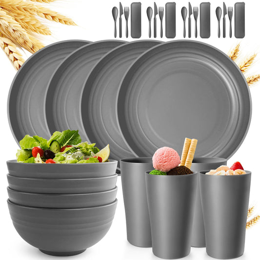 Ensemble de vaisselle en paille de blé Teivio 12 pièces avec couverts, service pour 4 personnes, assiettes plates, bols à céréales, tasses, plats de camping en plastique incassables, gris 