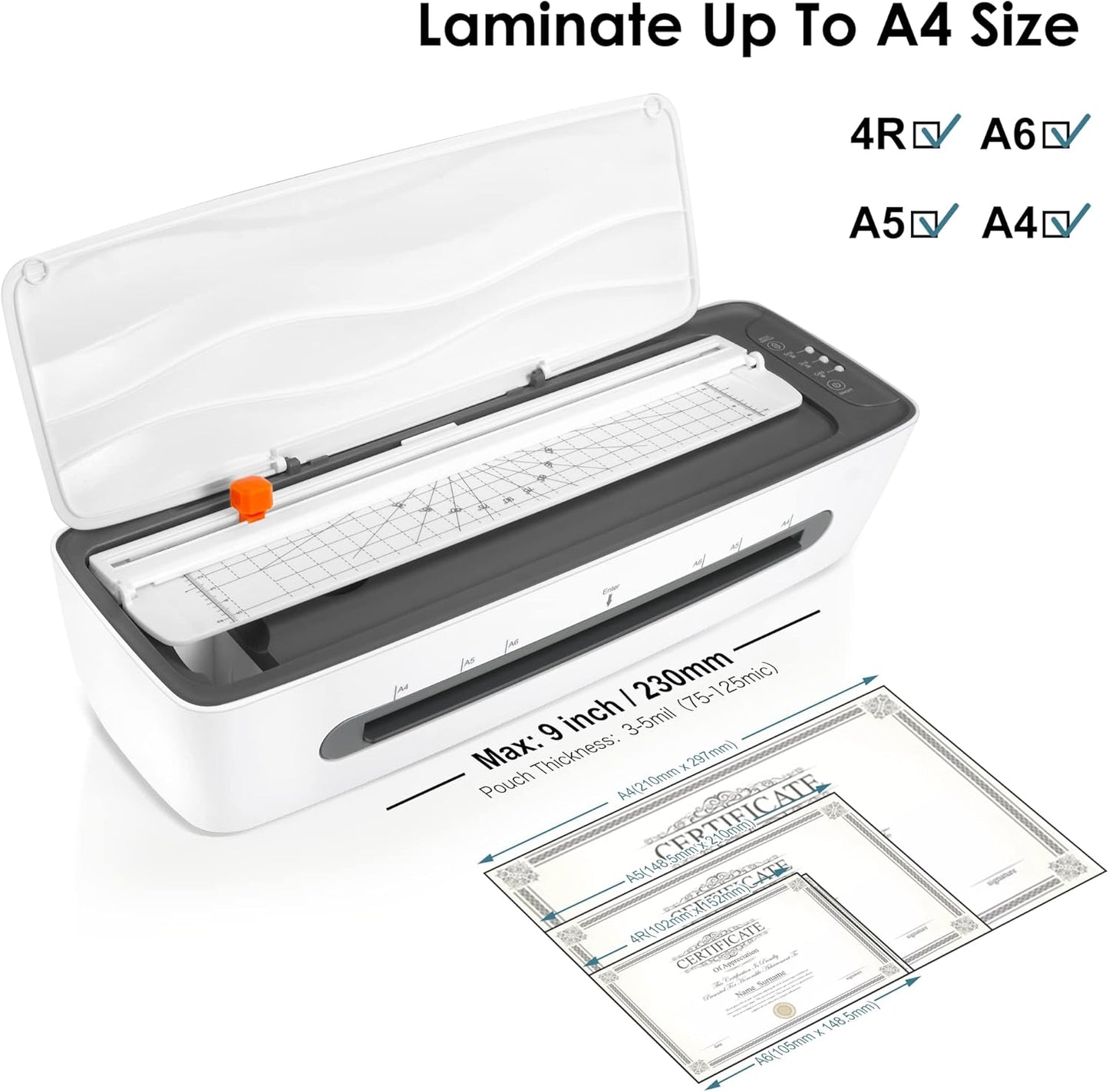 Laminiergerät, A4-Laminiergerät, 9-Zoll-Kaltthermo-Laminiergerät mit 20 Folienblättern, 4-in-1-Laminiergerät für den persönlichen Schreibtisch mit integriertem Papierschneider, Eckenrunder, Locher und Bügelring 