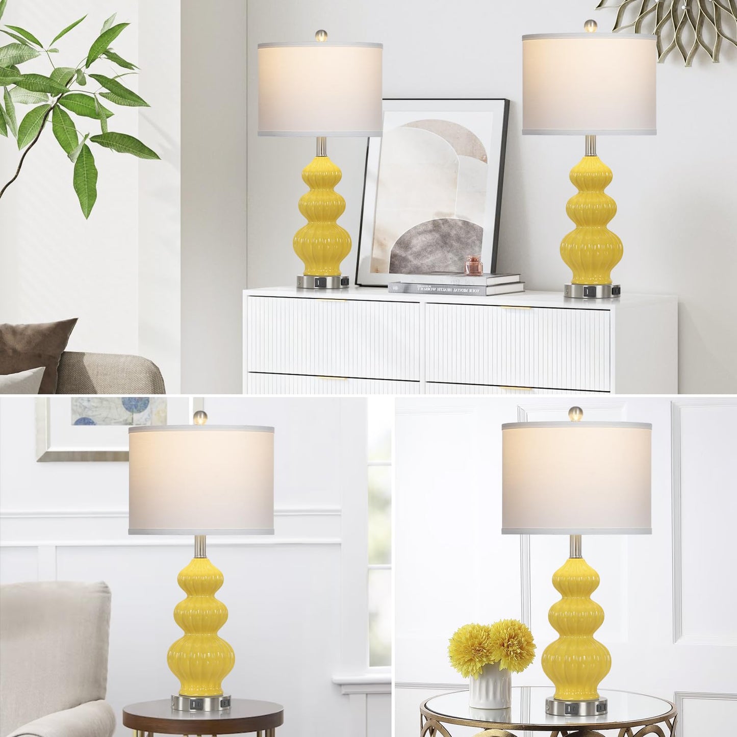 27" Glass Table Lamps Set of 2 with Nightlight, 3 Way Touch Control Modern Bedside Lamps with USB A+C Ports & AC Outlet, Boho Yellow Nightstand Lamps for Bedroom Living Room