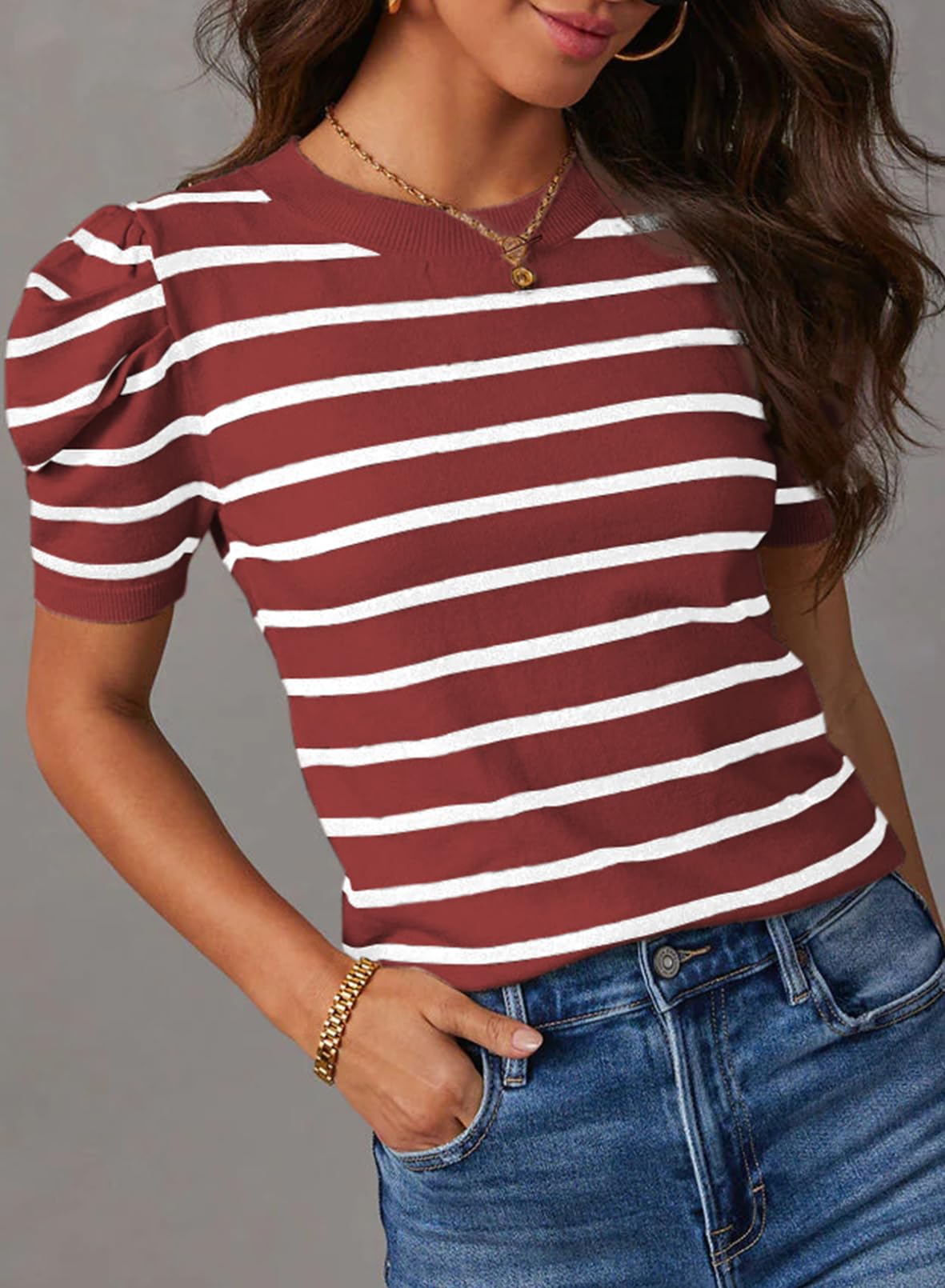 Dokotoo Women's Short Puff Sleeve Knit Tops 2025 Trendy Crewneck Striped T Shirts Casual Summer Blouses