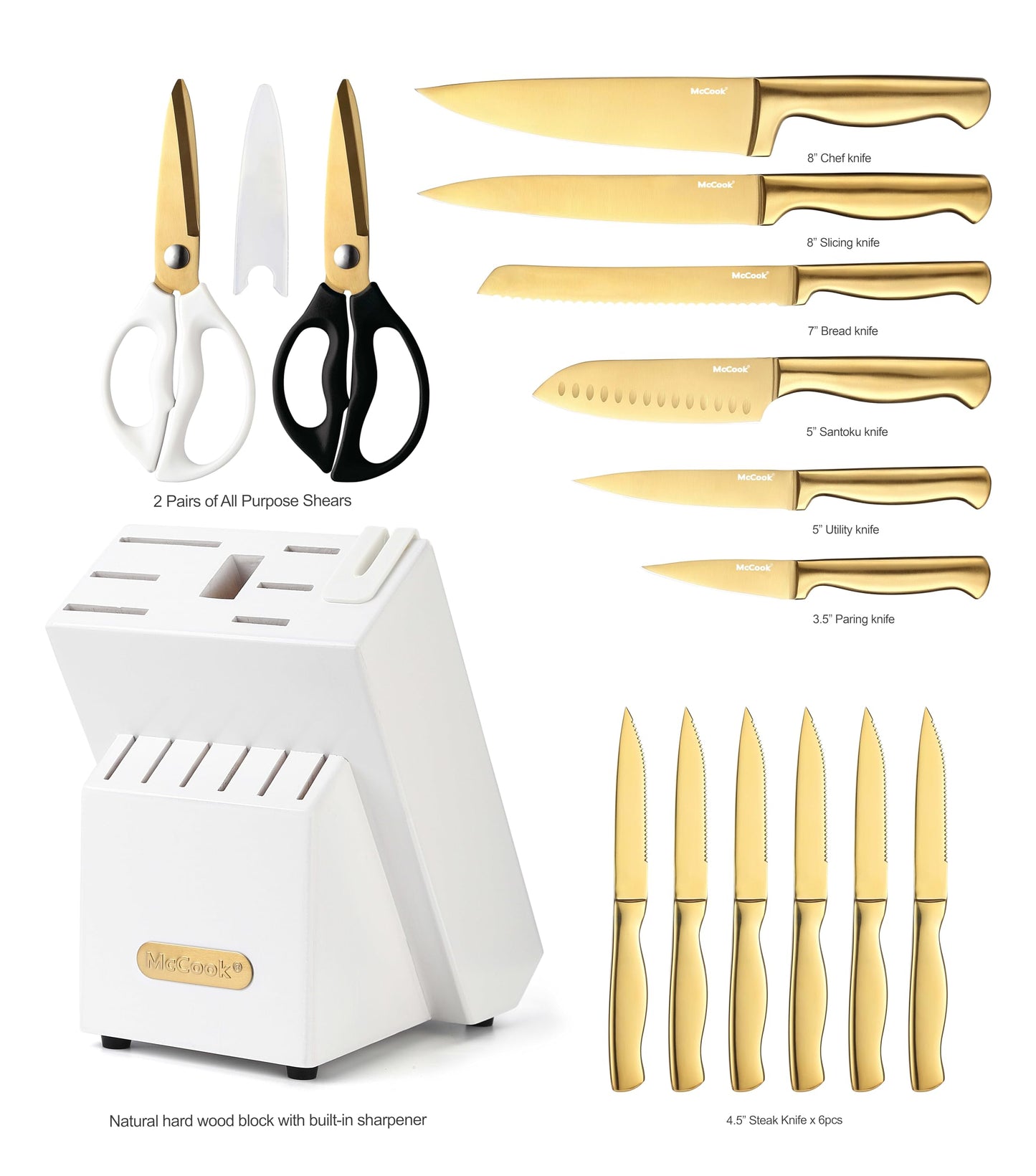 Ensemble de couteaux McCook®, ensemble de couteaux de cuisine en acier inoxydable Golden Titanium avec aiguiseur intégré 